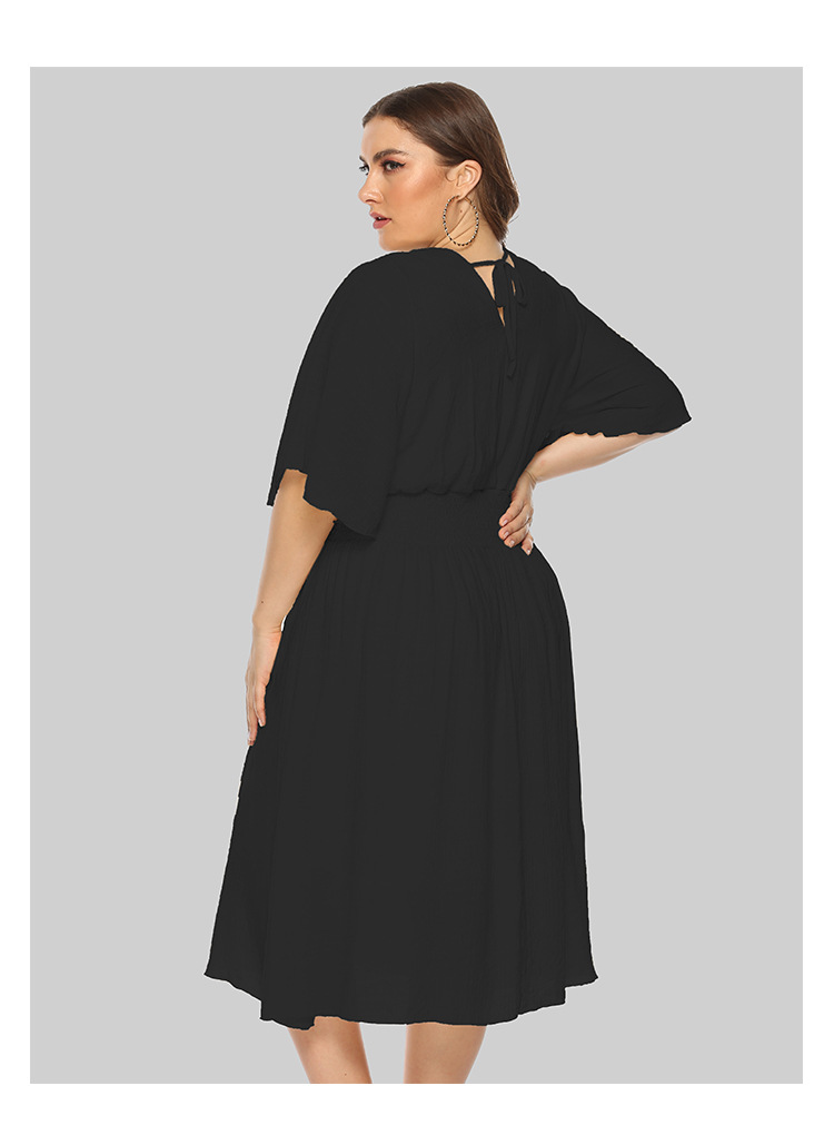 plus size solid color V-neck flying sleeve dress  NSJR19494