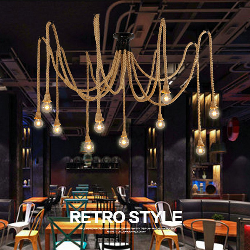 Cuerda de cáñamo hembra flor suelta araña creativa retro estilo industrial oficina tienda de ropa restaurante Araña multi-cabeza lámpara de cuerda de cáñamo