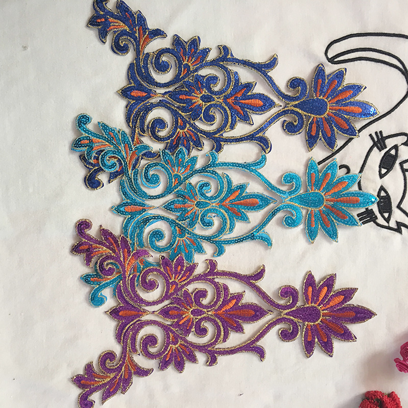 外贸尾单领花丝线绣花 舞台礼服亮片刺绣布贴 烫熨 镂空花贴背胶