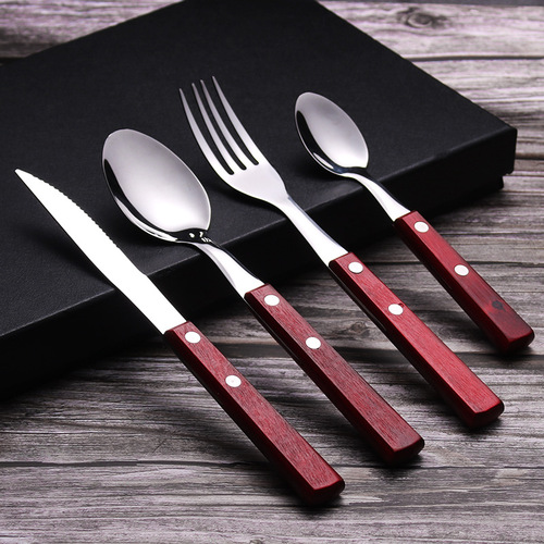 304 stainless steel original solid wood handle Western-style knife, fork and spoon creative wooden Western tableware gift set wholesale