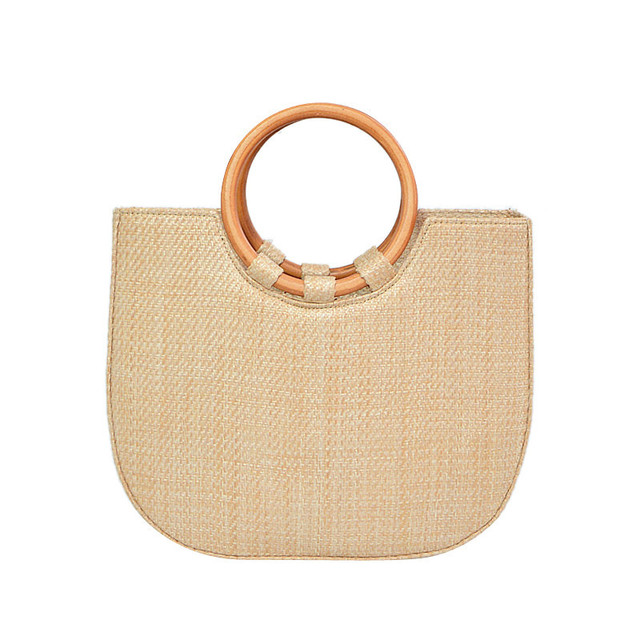 Summer simple straw woven bag ring wooden handle handbag cross shoulder weaving