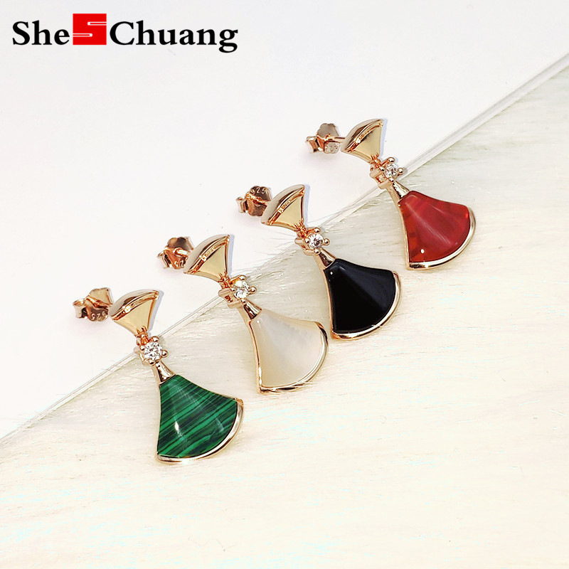 s925纯银宝家小红裙子耳钉女扇子双扇形鱼尾镶钻白贝母玫瑰金耳环|ru