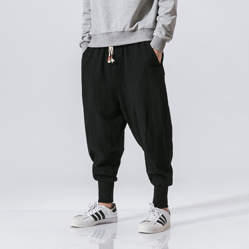 Foreign Trade Wholesale Men's Youth Chinese Style Casual Pants Linen Loose Large Size Solid Color Nine-legged Bloomers