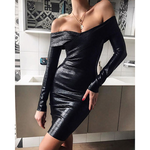 New style bright face metal sense slim off off shoulder sexy package hip Long Sleeve Dress