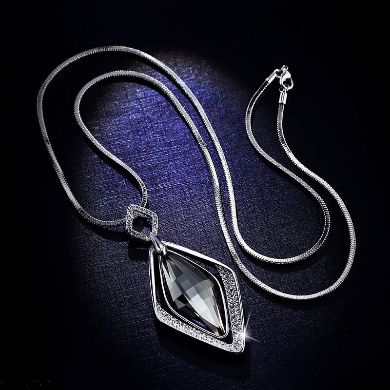 韓版時尚高檔水晶鑲鑽雙菱形毛衣鏈跨境爆款個性幾何百搭服飾批發