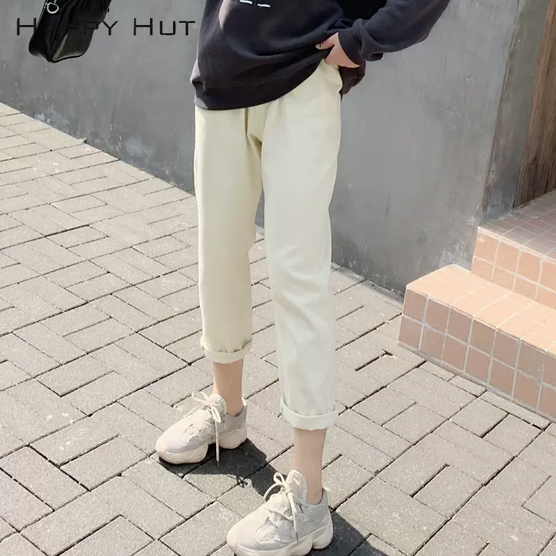 新款冷淡风新品粗砂卡哈伦裤大码女装 胖mm白裤子N6648