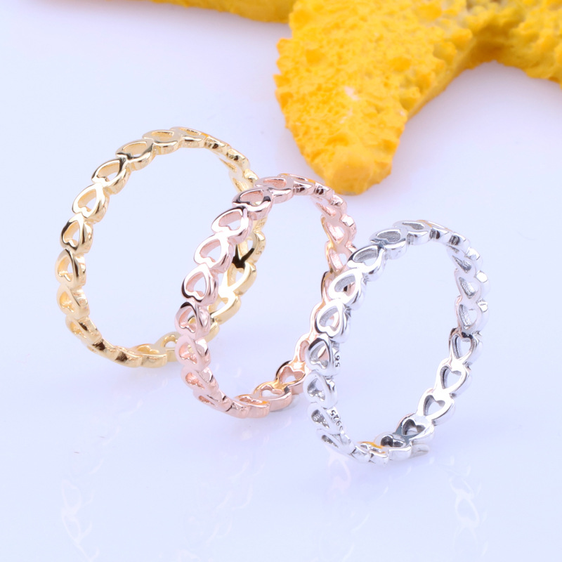欧美新款白铜戒指 潘家浪漫心形镂空三色戒指时尚百搭 情人节礼物