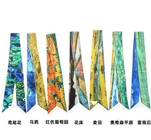 Art Van Gogh Wheat Field Apricot Blossom Starry Sky Oil Painting Slender Narrow Ribbon Tie Bag Handle Silk Scarf Hair Tie
