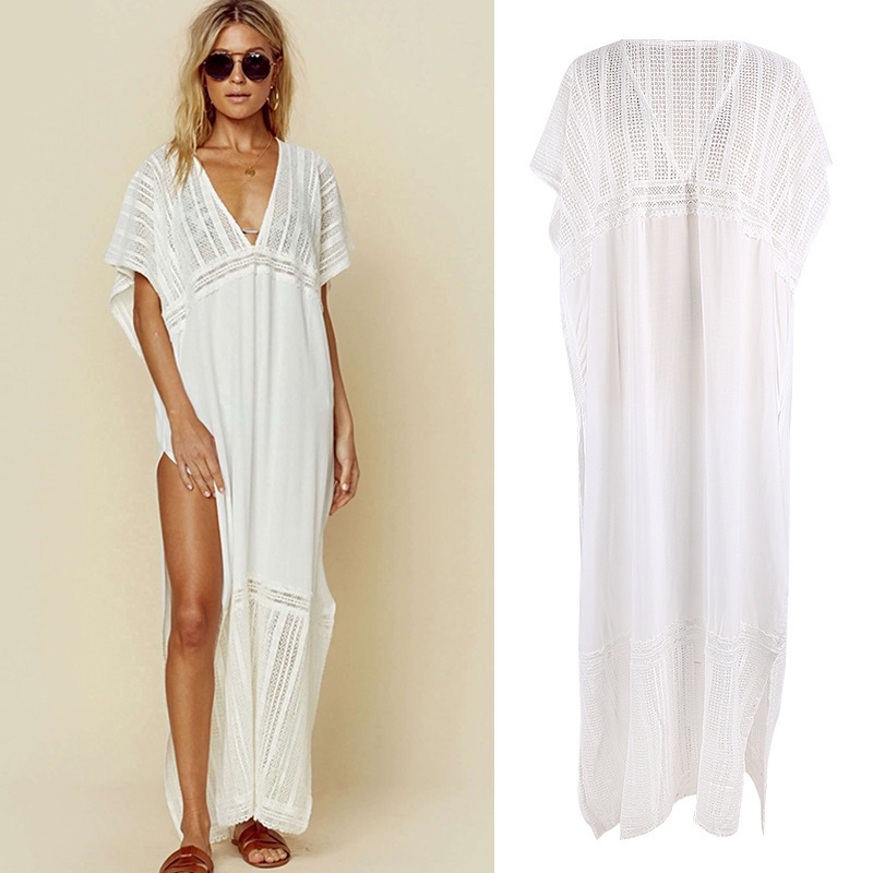 European and American New Arrival Cotton Split Cotton Embroidered High Split Loose Beach Dress Holiday Long Dress Gown Bikini Blouse Women