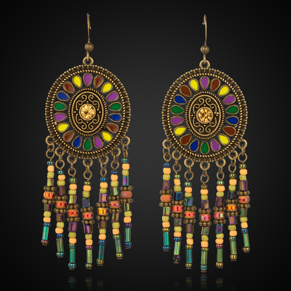 Boho Dripping Oil Beads Tassel Flower Earrings display picture 2