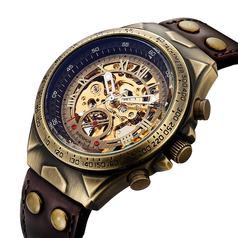 72g Weight Tempered Glass Mirror Material Genuine Leather, Steel Belt Strap Material Watch Classification Pointer Display Type Butterfly Double Snap, Buckle Buckle Style Round Dial Shape Casual, Daily Occasion Mechanical Movement Color Block Pattern All Seasons Season Men's Gender Retro Style Retro Color Block Butterfly Double Snap Buckle Mechanical Watch Men's Watches 2