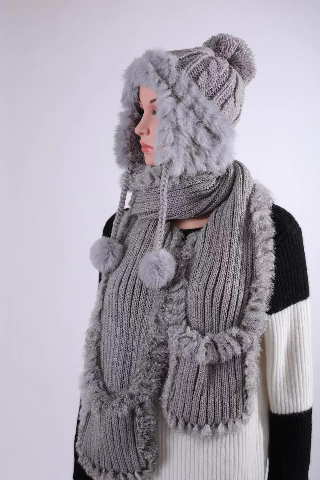source factory new pattern winter Rabbit fur ball Wool cap fashion keep warm Millinery knitting Hat scarf piece