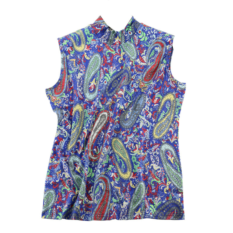 Womens Spring Silk Sleeveless Turtleneck Top Knitted Floral Print Slim Fit Lightweight Casual Wear Wholesale