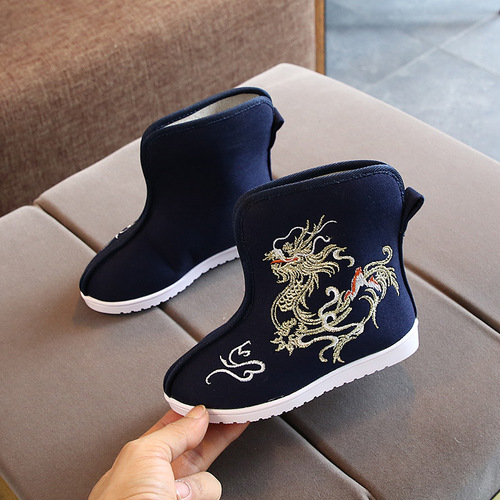 Boy's Hanfu Boots Chinese folk Dance embroidered gold dragon Shoes Old Beijing handmade cloth shoes prince swordsman emperor cosplay shoes