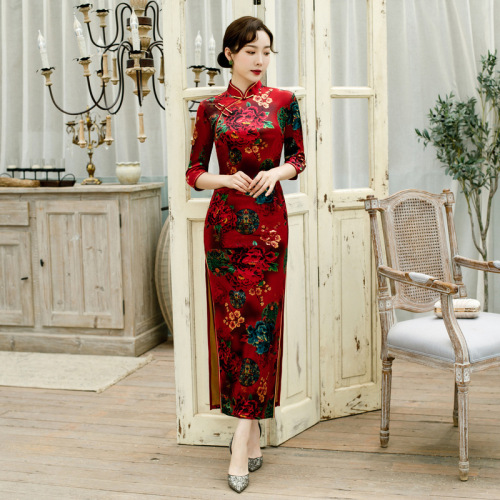 Chinese Dresses Qipao for women robe chinoise cheongsam Cashmere sleeve long cheongsam large size dress one piece of cheongsam top for women