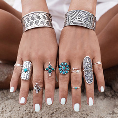 Bohemian-Style Women's Wide-Finger Rings with Vintage Carved Geometric Totem Designs—Set of 9