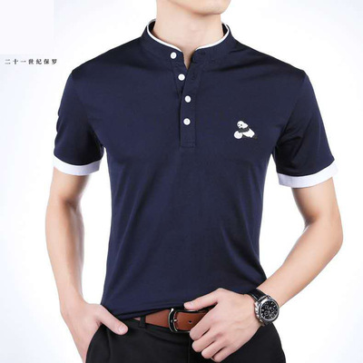 舒适麻棉立领男式T恤衫 时尚绣标休闲保罗短袖POLO衫 现货代发