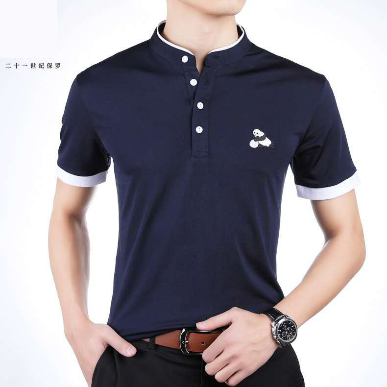 舒适麻棉立领男式T恤衫 时尚绣标休闲保罗短袖POLO衫 现货代发