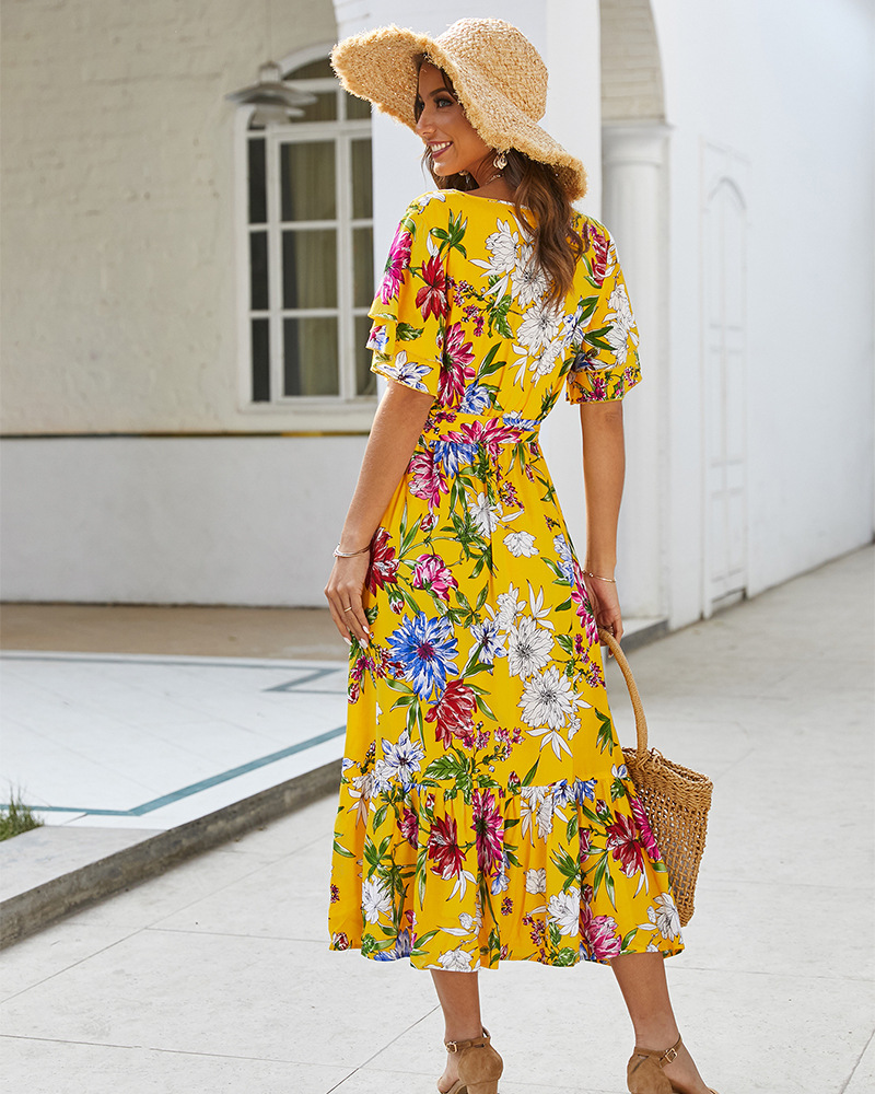 women s spring summer bohemian print tie dress NSKA1042