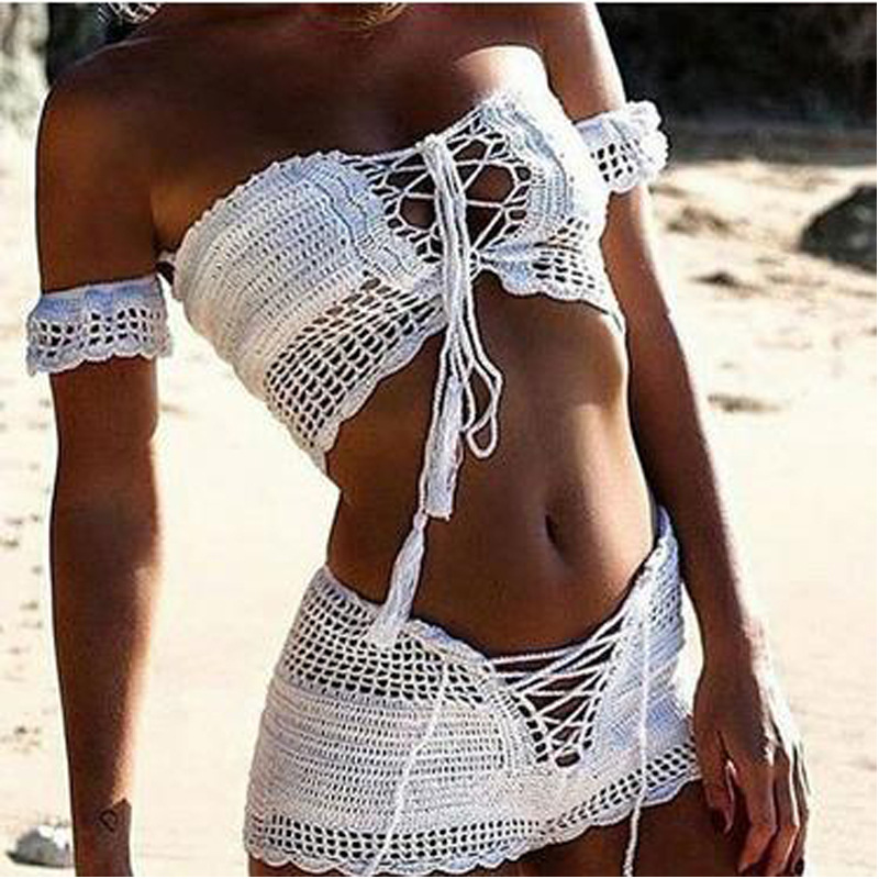 hand hook tube top short sleeve high waist lace-up solid color swimsuit two-piece set NSCYG131863