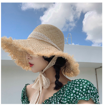 小仙女拉菲草帽女手工夏季防晒大檐遮阳帽海边度假蕾丝带沙滩帽子