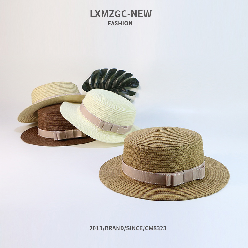 105g Weight Housewarming, Anniversary, Business, Wedding, Birthday, Festival Occasion Unisex Gender Basic Style Khaki, Coffee, White, Pink Color Summer Casual Sunscreen Flat Bow Woven Parent-child Straw Hat 无
