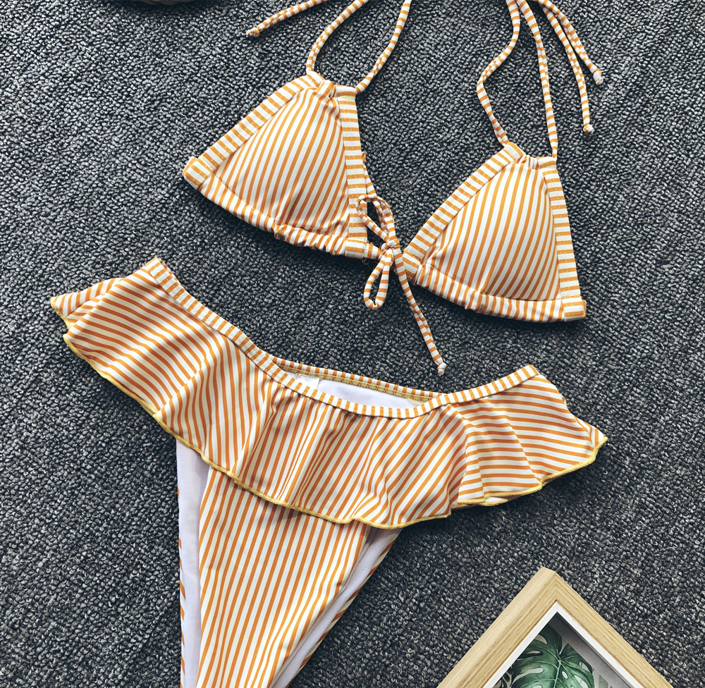 Sweet Simple Yellow Striped Bikini Ruffled Ladies Swimsuit Bikini Wholesale NSDA147