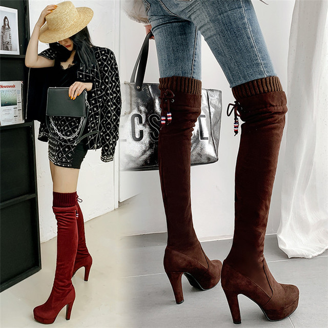 Knee high women’s boots autumn and winter knitted thin leg elastic boots high heel chivalrous boots women’s high barrel 