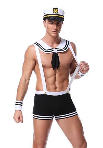 New Black Patent Mesh Strappy Men's Lingerie Set Firefighter Navy Cosplay Costume