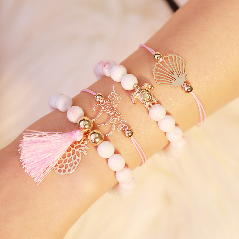 New Unicorn Pineapple Hollow Fourpiece Pink and White Beaded Bracelet Setpicture4