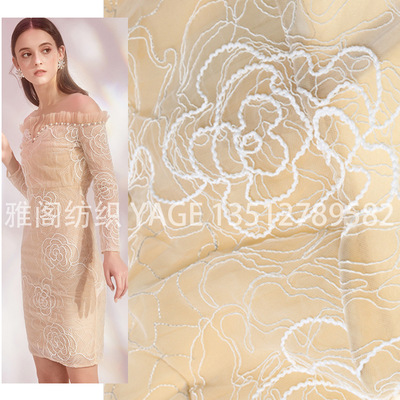 网纱绳绣大玫瑰花骨绳绣花面料 仙女裙时尚女装网布蕾丝绣花面料|ms