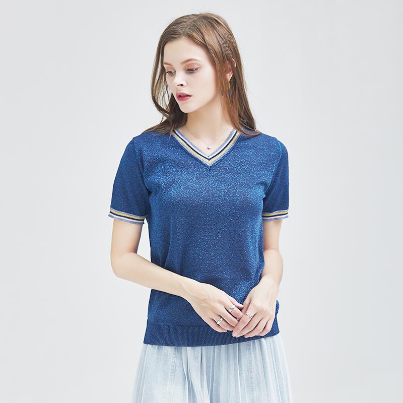 高端2019夏季OL气质欧美套头V字领修身型毛衣女式针织衫产地货源|ru