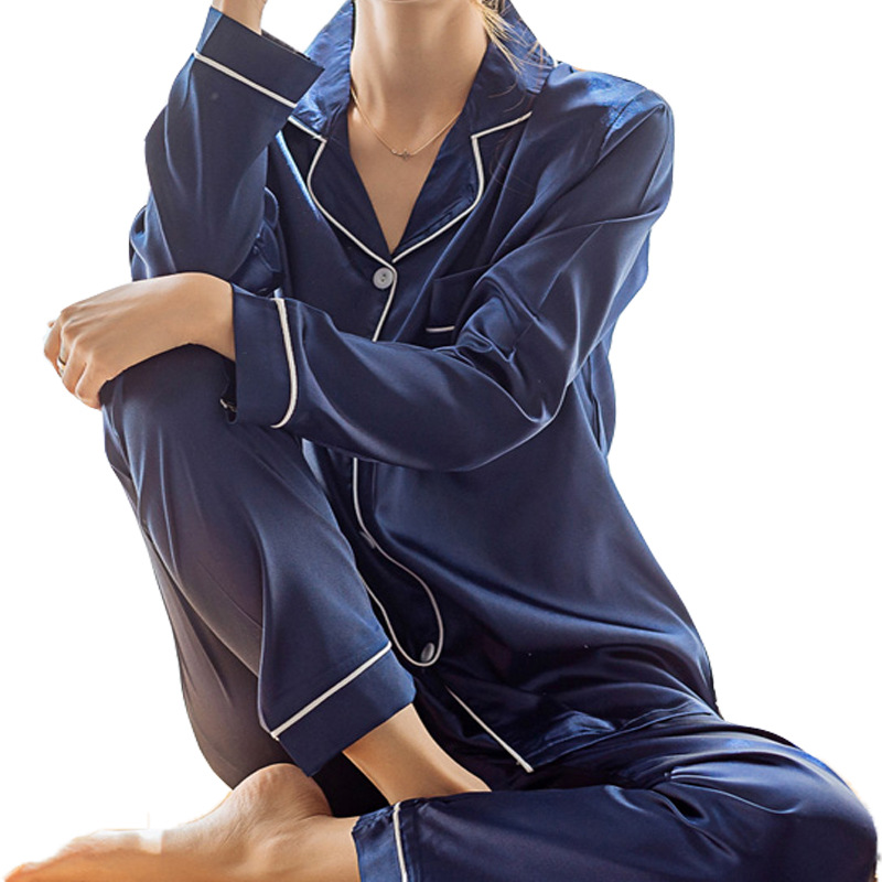 Pijamas de seda artificial Otoño de las mujeres de manga larga de seda de hielo de dos piezas de estilo coreano casual cardigan pijamas de seda se pueden usar fuera de casa