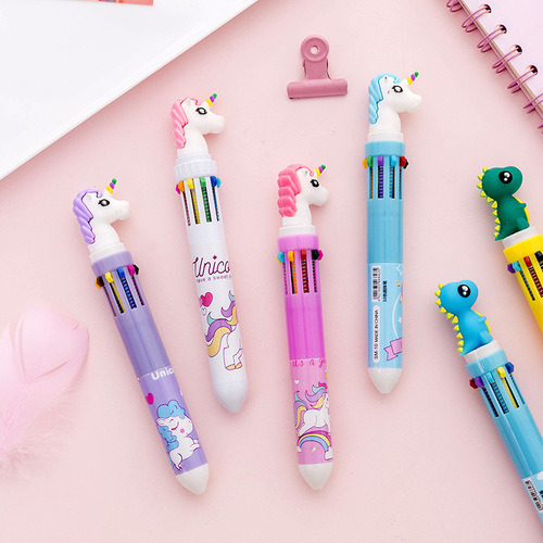 Korean cute hippopotamus dinosaur 10-color ballpoint pen cartoon student stationery multi-function press bullet ballpoint pen