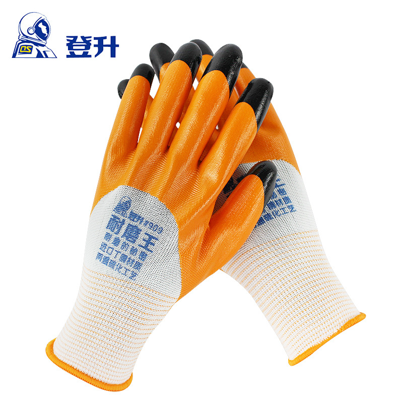 登升耐磨王#909丁腈手套防滑防水耐磨防油胶皮丁腈挂浸胶防护手套