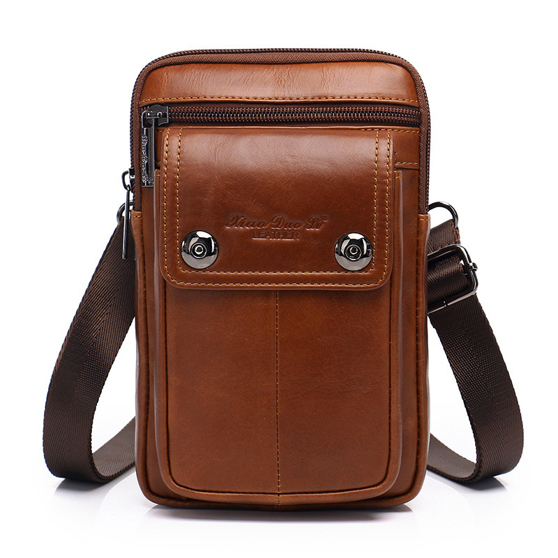 Men's Mobile Phone Waist Bag Genuine Leather Multifunctional 7inch Mini Crossbody Bag Shoulder Bag Retro Wear Belt Waist Bag