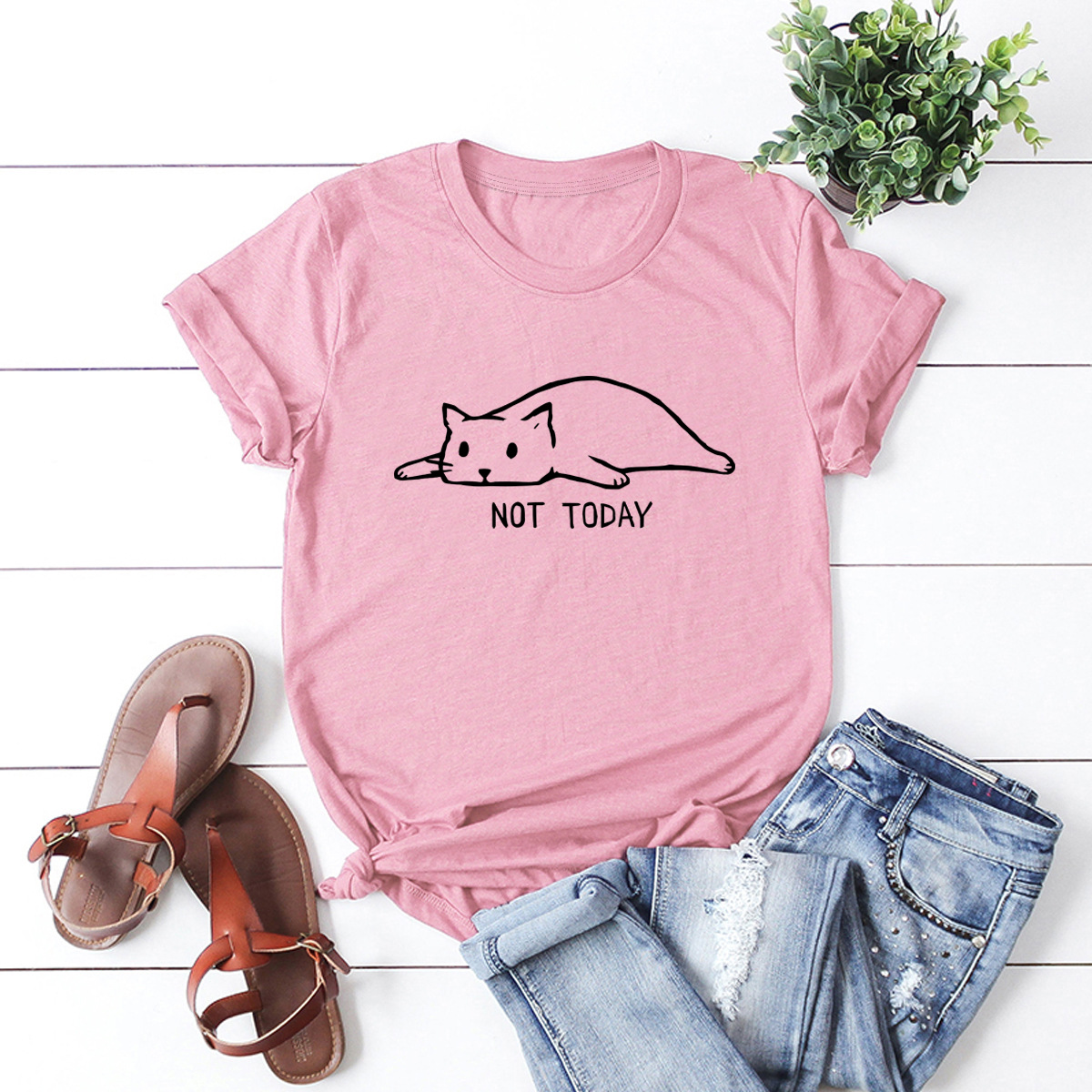 Loose Cat Casual Print Short Sleeve T-Shirt NSSN326