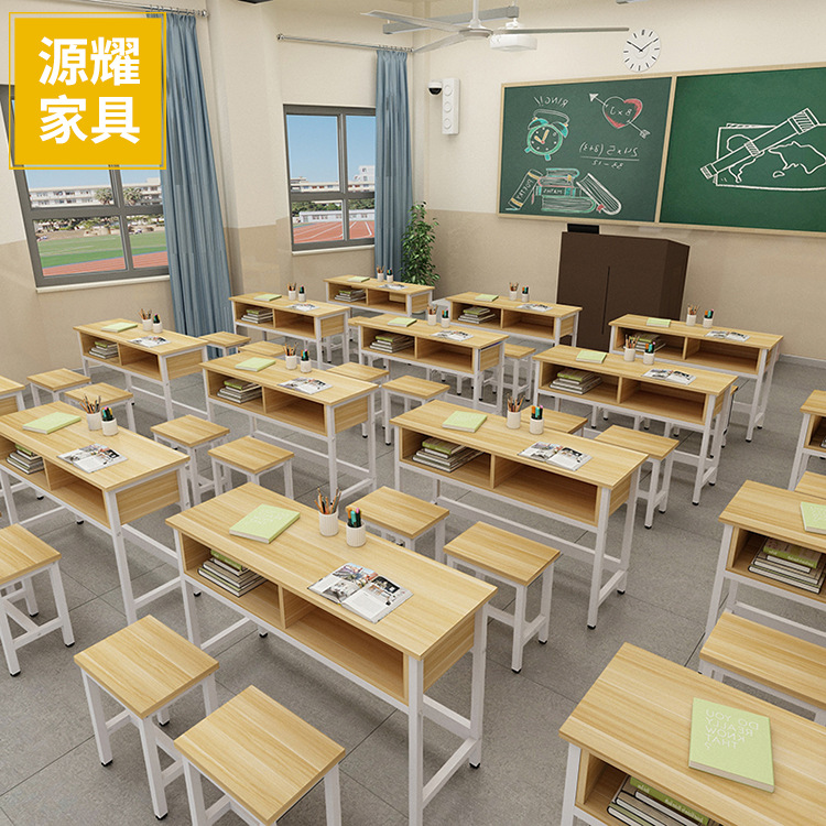 学生单人双书桌抽屉辅导班课桌双人层带定制简约板材培训单人椅|ru