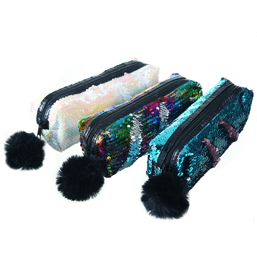 Fashion New Fur Ball Sequins Cosmetic Pencil Case Mermaid Storage Bag display picture 5