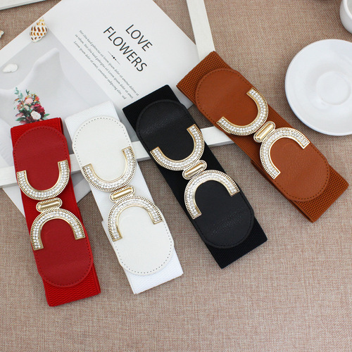 Women's rhinestone inlaid elastic elastic waistband sweet double C buckle dress slim waist wide belt one piece drop shipping