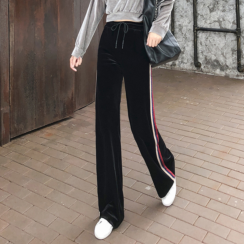 Jinsirong Straight Wide leg pants Autumn and winter Plush thickening Paige Side Webbing motion leisure time trousers DK113