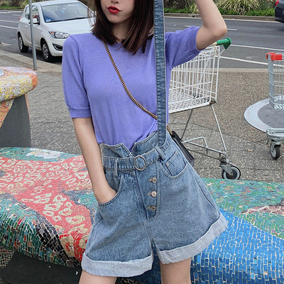 2019夏季新款V領冰絲針織短袖亮絲T恤女寬松韓範紫色上衣