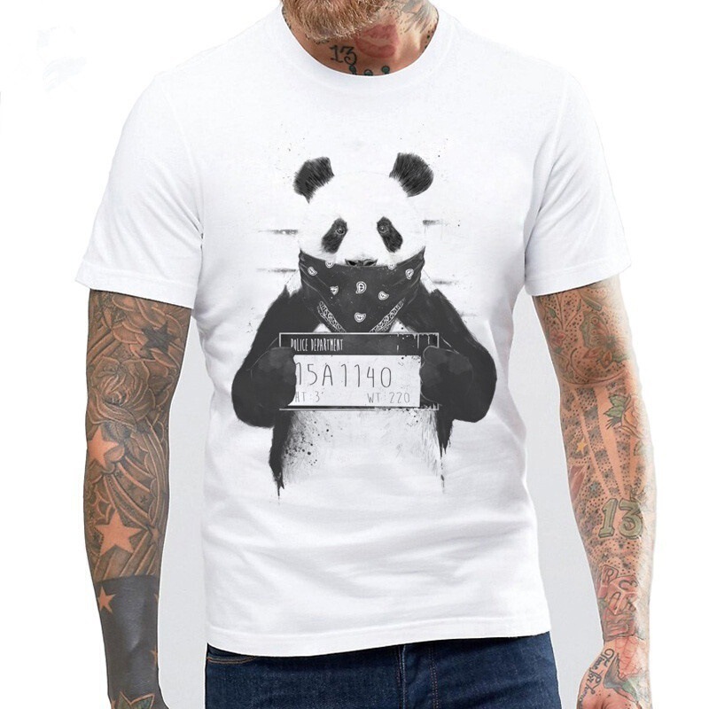 1055 wish men's fashion top all-match short sleeve armor panda printed white T-shirt