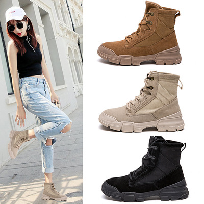 2019新款真皮馬丁靴女粗跟系帶戰狼靴沙漠靴秋冬款學生短靴矮筒靴