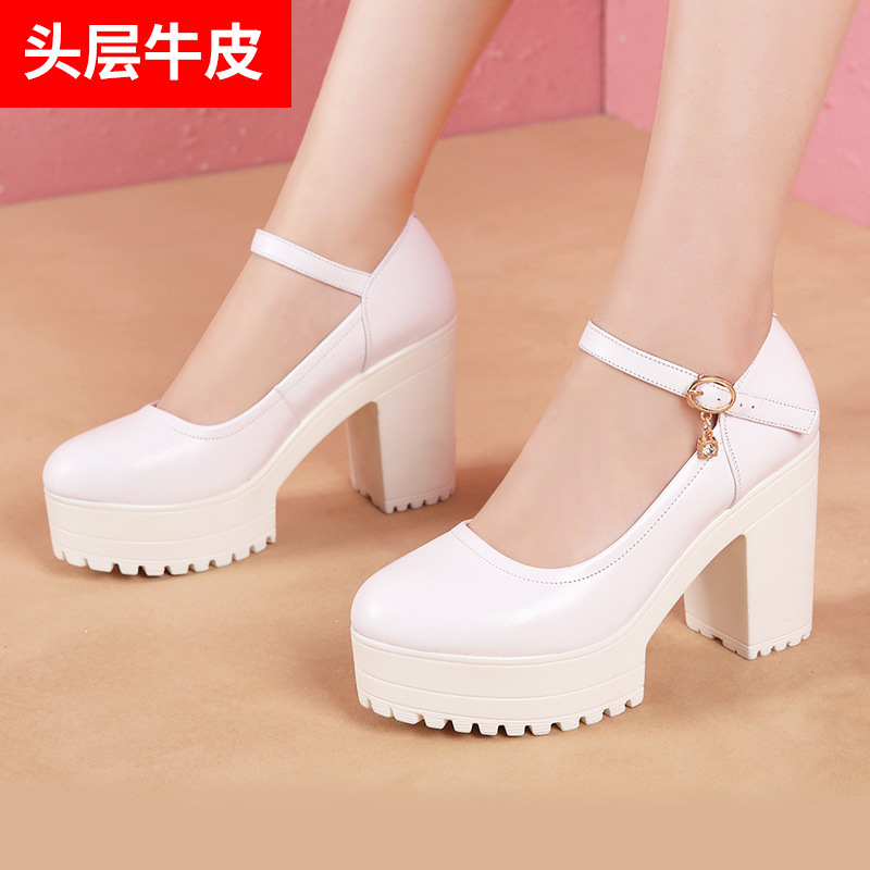 Cheongsam T-table Genuine Leather 10cm High-heeled Single-layer Shoes Women's Thick Heeled Round Toe Waterproof Platform White Comfortable Model Show Shoes for Women