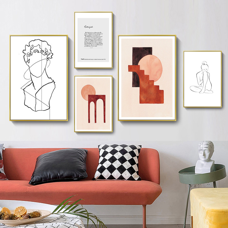 Manufacturer's Living Room Decorative Painting, Literary Combination, Abstract Black and White Lines, Character Geometric Color Block, Scandinavian Hanging Painting Manufacturer's Living Room Decorative Painting, Literary Combination, Abstract Black and White Lines, Character Geometric Color Block, Scandinavian Hanging Painting