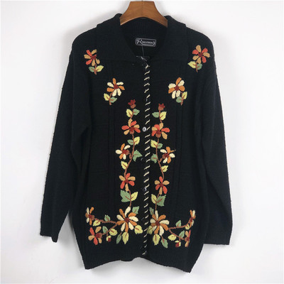 跨境复古古着毛衣手工刺绣翻领女装宽松长袖毛织黑色开衫无袋|ru