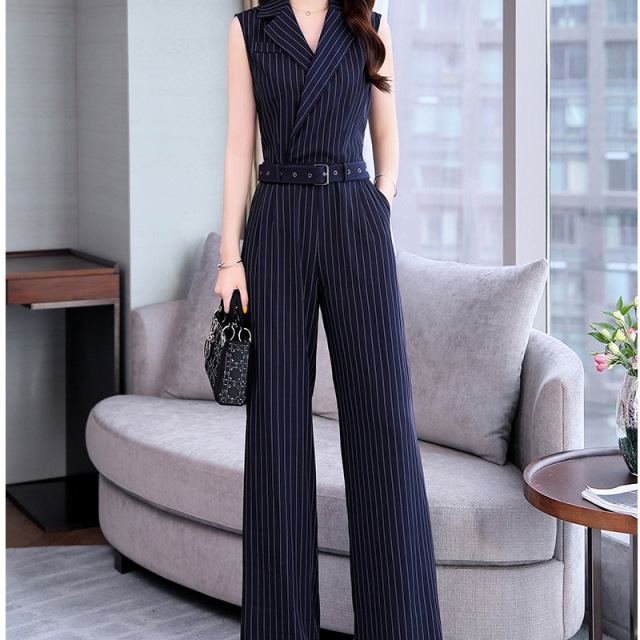 Sleeveless vertical striped wide-legged pants suit summer