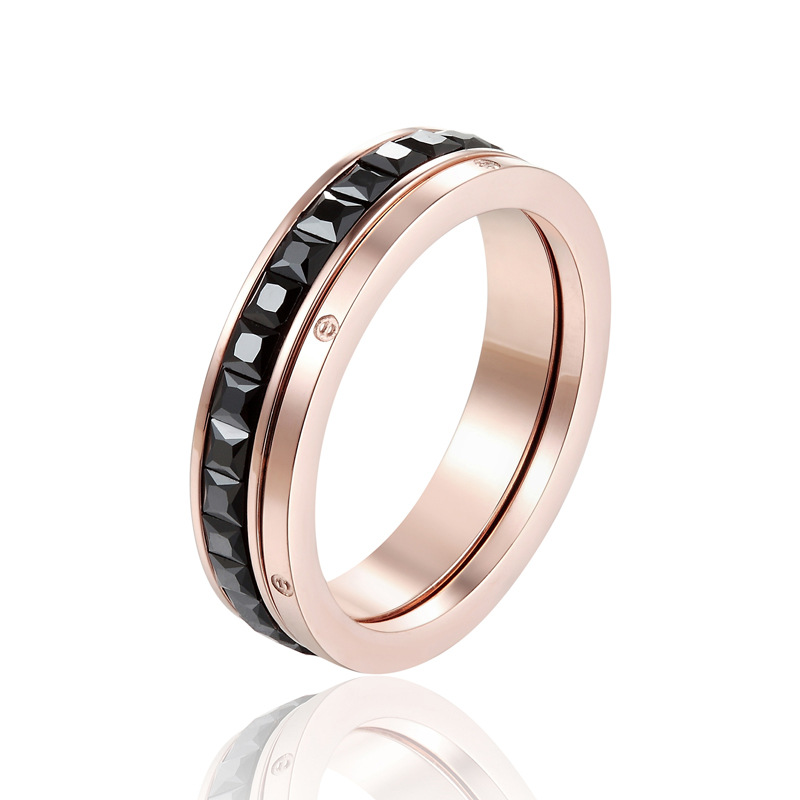 韩版时尚二合一冰晶一字玫瑰金戒指女生食指指环