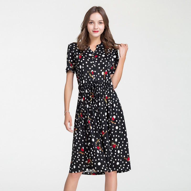 Plus Size Silk Dress High Waist V Neck Short Sleeve Floral Print Summer Elegance Wholesale Available